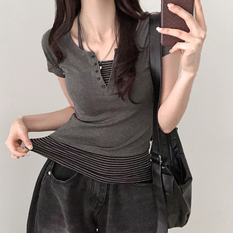Color-block Striped Halter V-neck Button-up Slim-fit Knit Short Sleeve T-shirt Two-piece Set for Street Style Outfit
