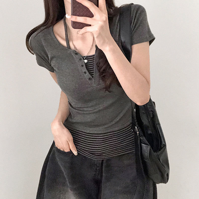 Color-block Striped Halter V-neck Button-up Slim-fit Knit Short Sleeve T-shirt Two-piece Set for Street Style Outfit
