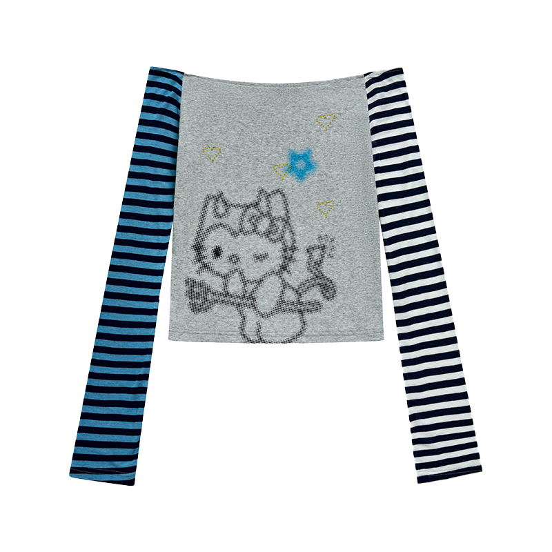 Color-Block Striped Long Sleeve Top with One-Word Collar - Lightweight Summer Fashion for Cool Girls