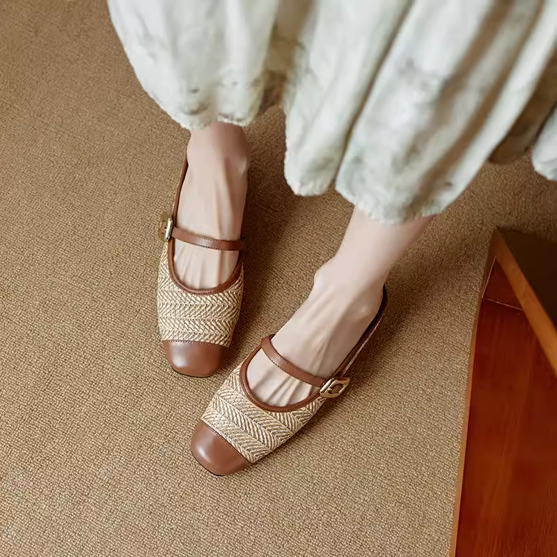 Color-Blocked Genuine Leather and Straw Woven Half-Drag Sandals for Women - Casual Height-Increasing Summer Fashion Footwear