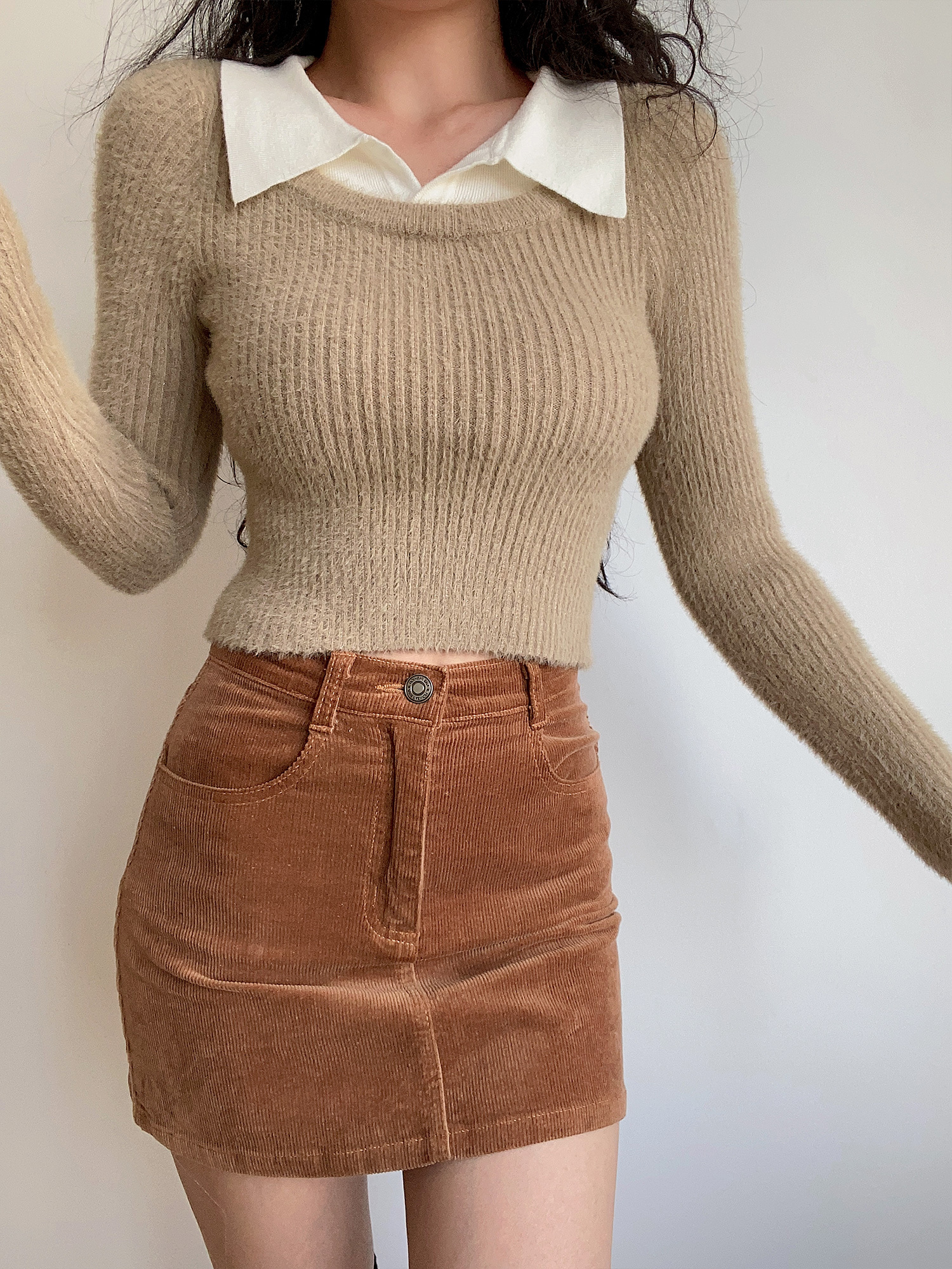 Color-Blocked High-Waisted Polo Collar Long Sleeve Knit Top - American Vintage College Style, Cute 90s Inspired Fashion