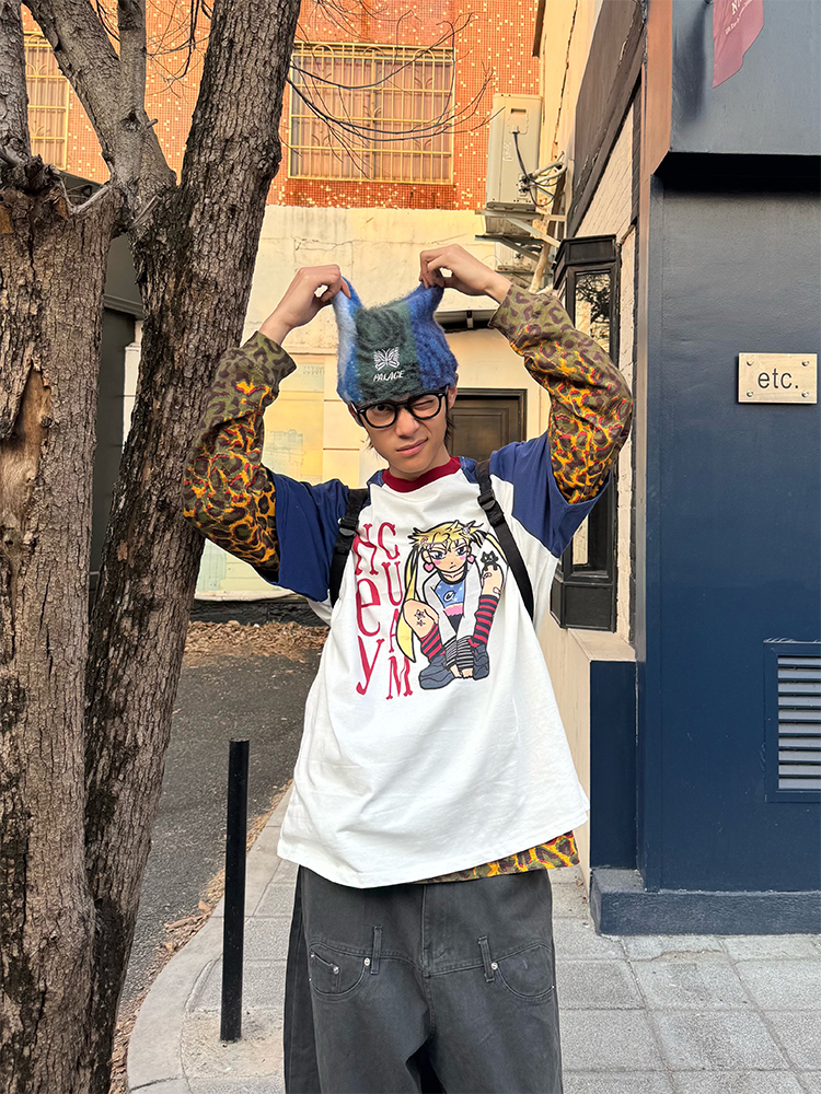 Color-Blocking Anime Graphic Unisex Loose Casual Summer T-Shirt - American Style, Short Sleeve, 90s Inspired Fashion