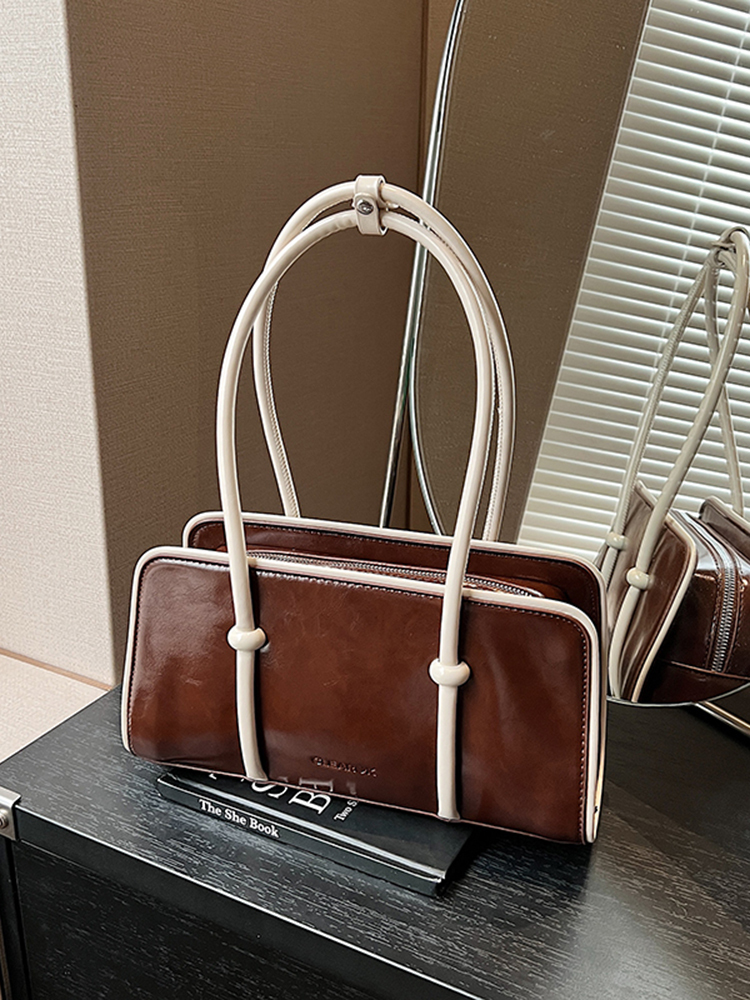 Color-Blocking Oil Wax Leather Underarm Bag for Women - Vintage Small Square Shoulder Bag for Spring/Summer 2025 Fashion