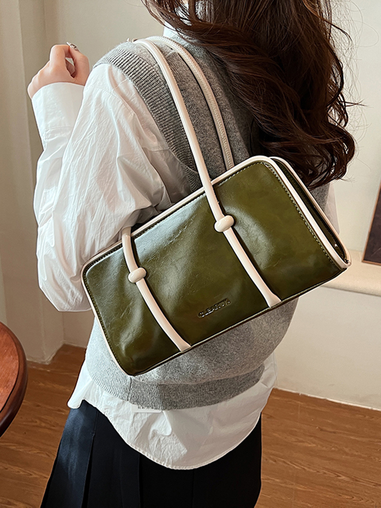 Color-Blocking Oil Wax Leather Underarm Bag for Women - Vintage Small Square Shoulder Bag for Spring/Summer 2025 Fashion