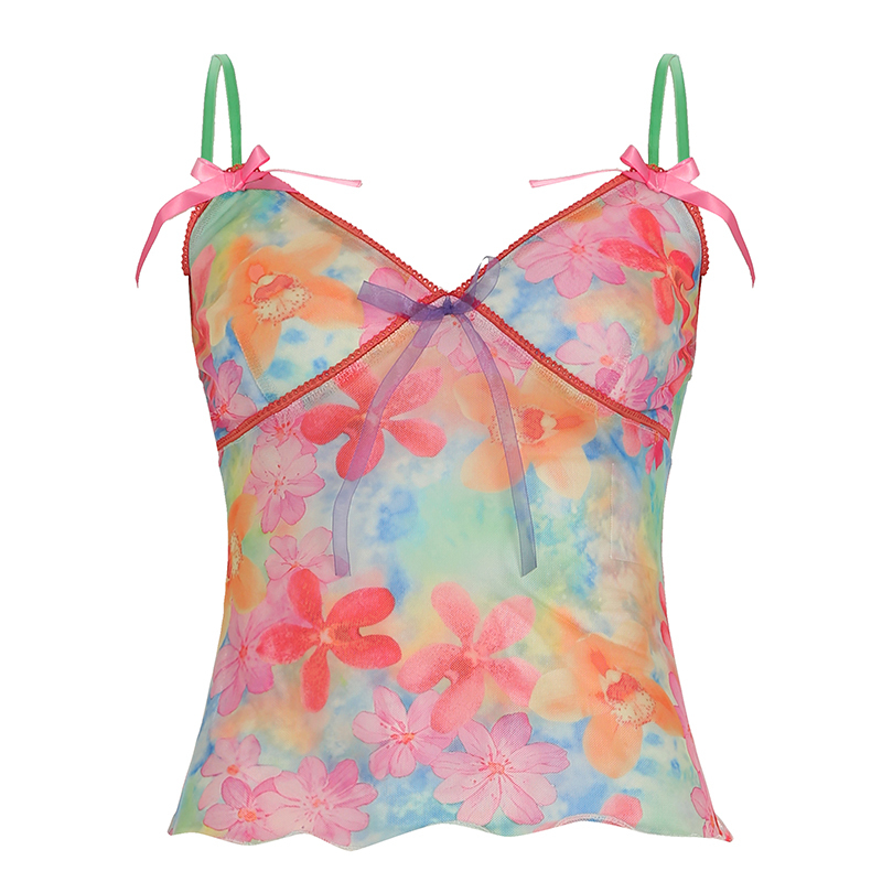 Colorful Floral Mesh Spaghetti Strap Women's Summer Vest - Forest Fairy Design, Dopamine Element, Trendy Y2K Style