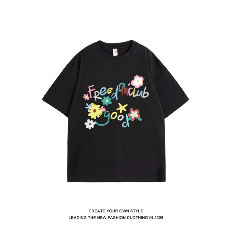 Colorful Floral Print Short Sleeve T-Shirt for Women - Summer 2025 Korean Style Pure Cotton Top