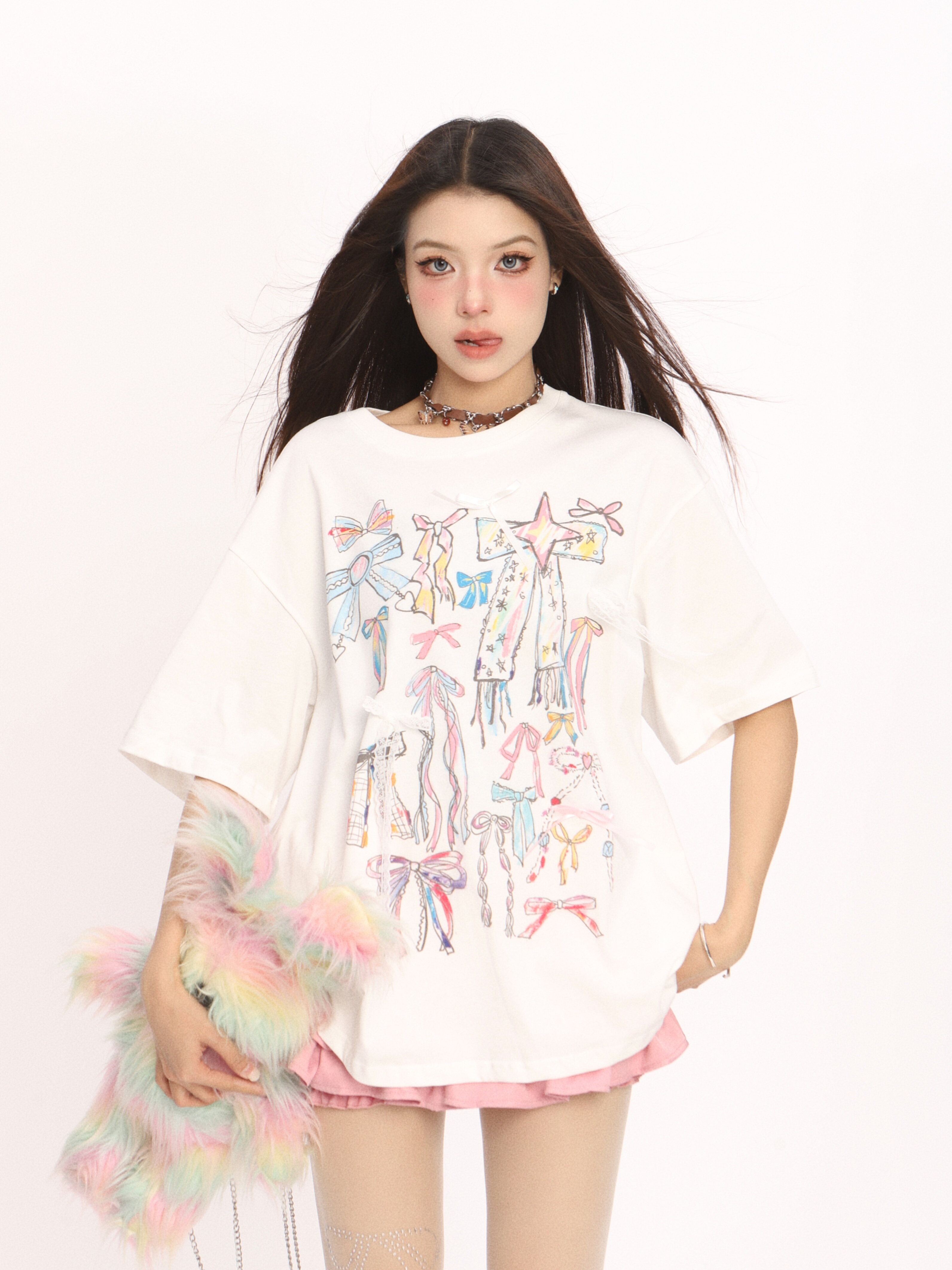 Colorful Graffiti Bow Short Sleeve T-Shirt for Women - Summer Korean Style Round Neck Top, Trendy Casual Wear