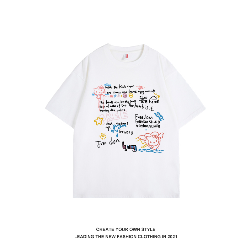 Colorful Graffiti Hello Kitty Printed Short-Sleeve T-Shirt for Women - 2025 Summer American Style Trendy Couple Outfit