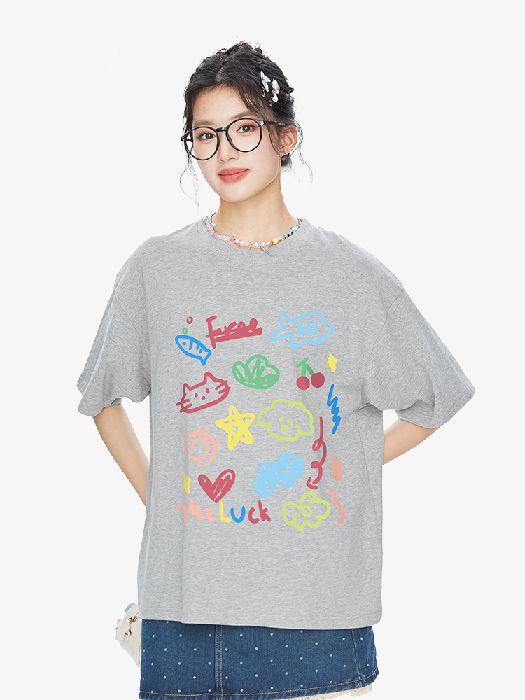 Colorful Graffiti Short Sleeve T-Shirt for Women - Cute Sweet Style, Versatile Pure Cotton Top, 90s Inspired Fashion, 2025 Collection