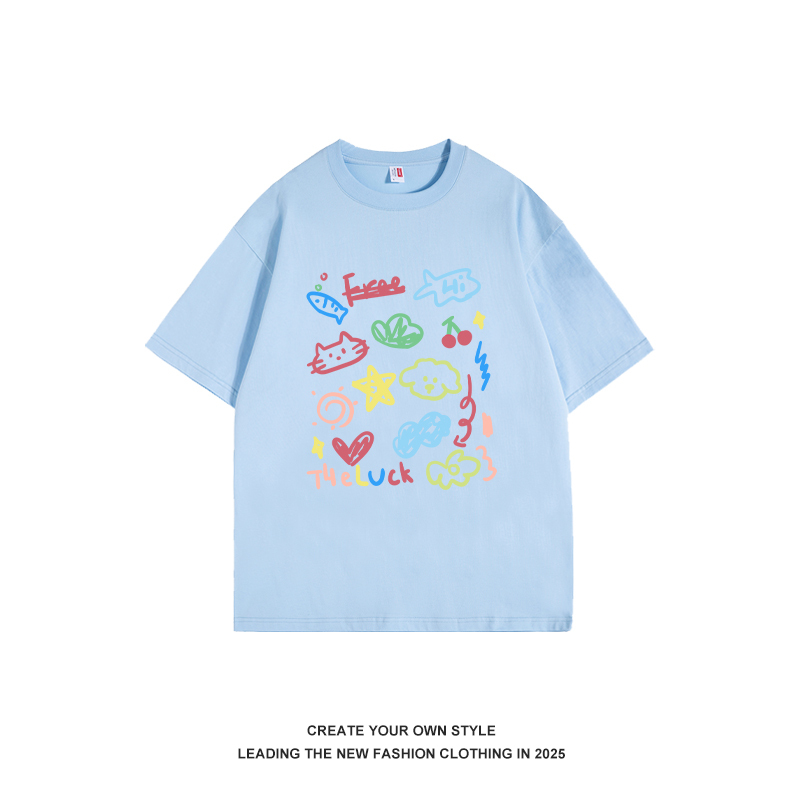 Colorful Graffiti Short Sleeve T-Shirt for Women - Cute Sweet Style, Versatile Pure Cotton Top, 90s Inspired Fashion, 2025 Collection