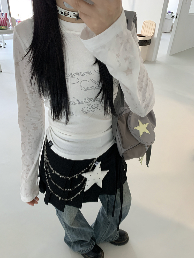 Colorful Patchwork Long Sleeve Hoodie T-Shirt with Random Star Print - Black, White, Gray Casual Style