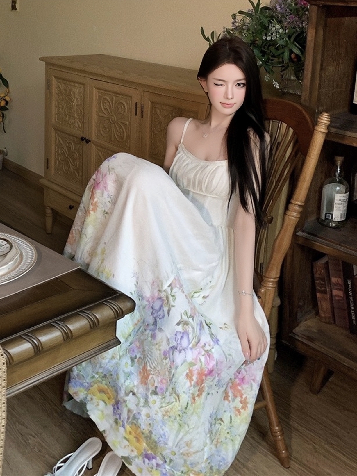 Colorful Rainbow Handmade Tailored Heavy Print Strap Dress with Waist-Cinching Slimming Long Skirt - Boho Style, Summer Fashion