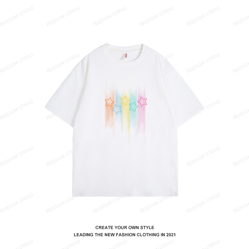 Colorful Star Print Drop Shoulder Short Sleeve T-Shirt for Women - Pink Pure Cotton Casual Summer Top, Y2K Style
