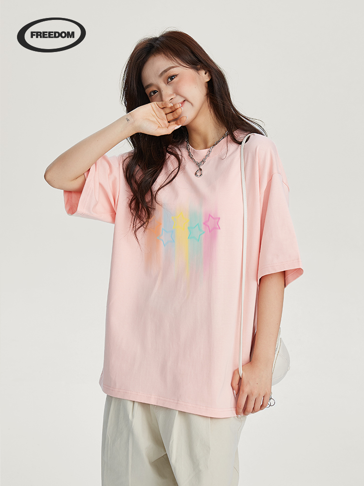 Colorful Star Print Drop Shoulder Short Sleeve T-Shirt for Women - Pink Pure Cotton Casual Summer Top, Y2K Style