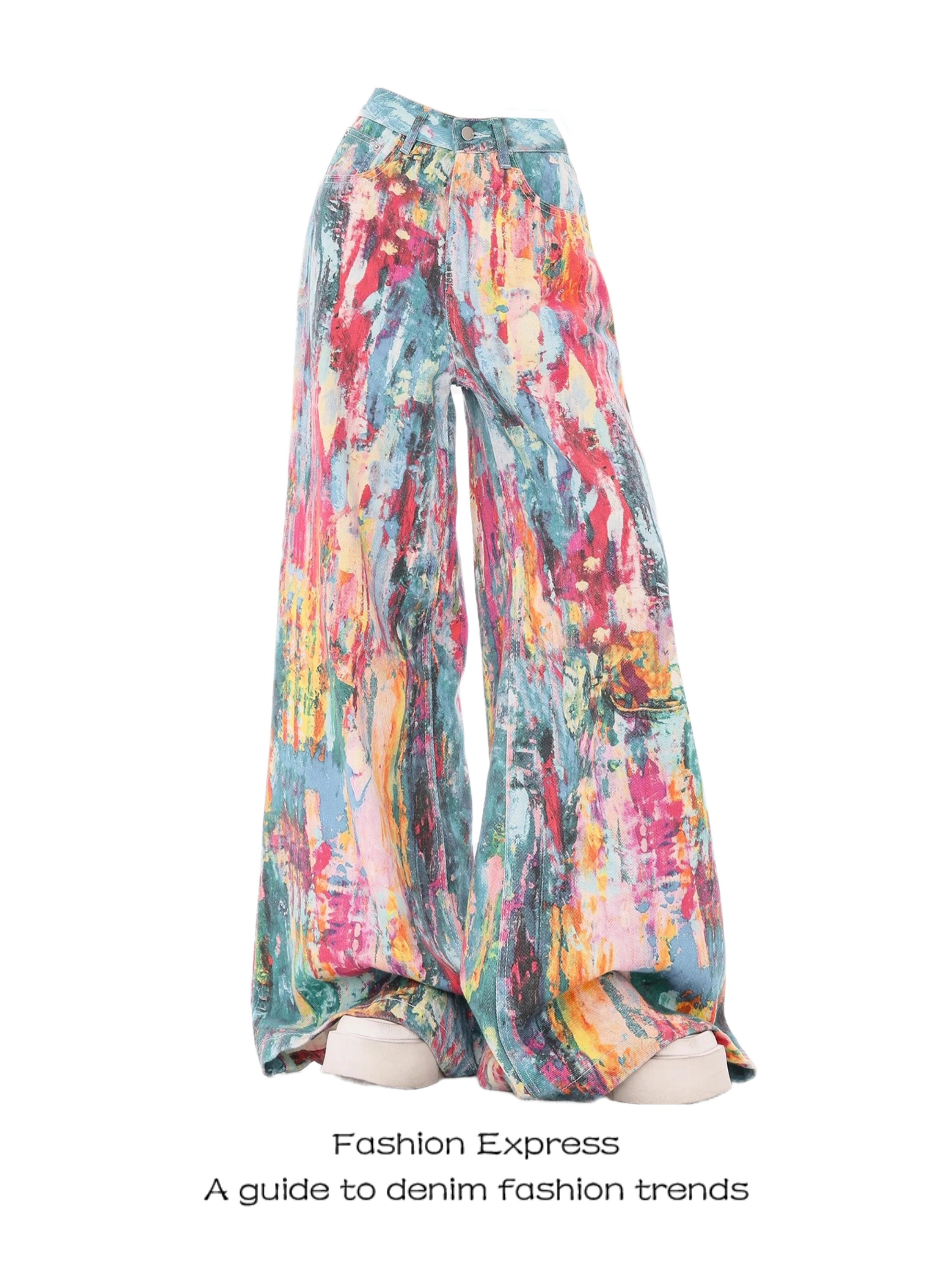 Colorful Women's Denim Wide-Leg Pants with Splash Ink Oil Painting Print, Slim Fit Trendy Style for Spring 2025