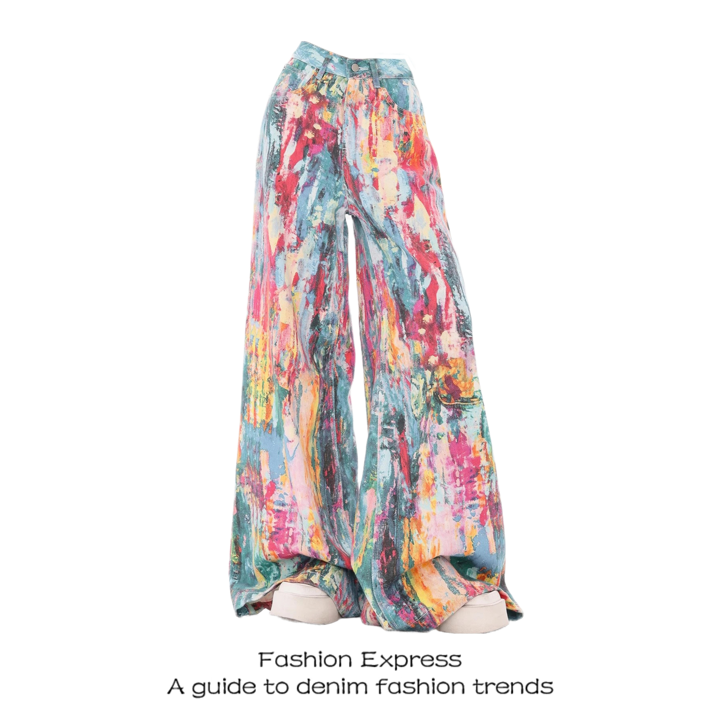 Colorful Women's Denim Wide-Leg Pants with Splash Ink Oil Painting Print, Slim Fit Trendy Style for Spring 2025