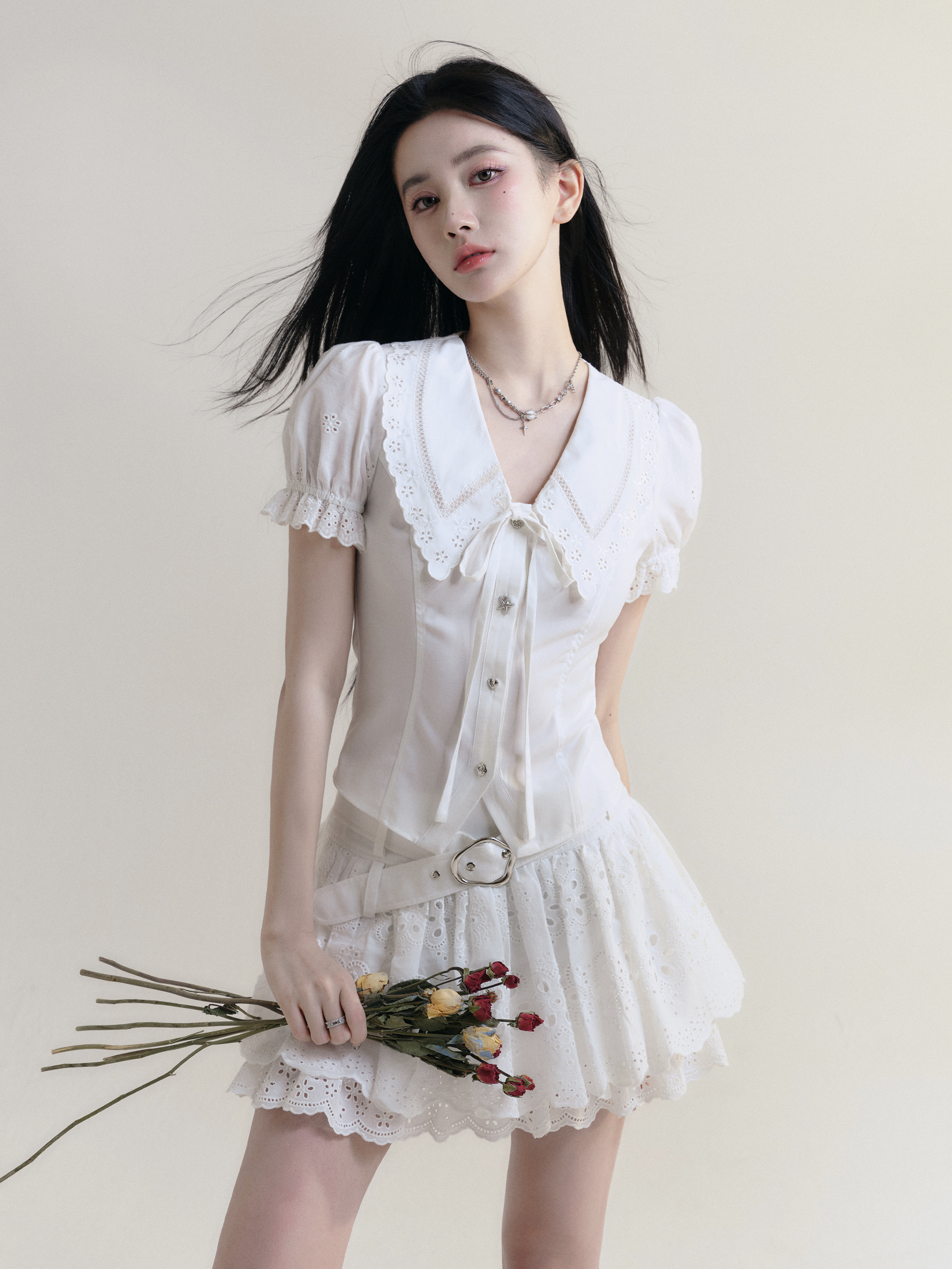 Consley Girl College Style Puff Sleeve Shirt Two-Piece Set - Trendy 90s Inspired Fashion for Young Women