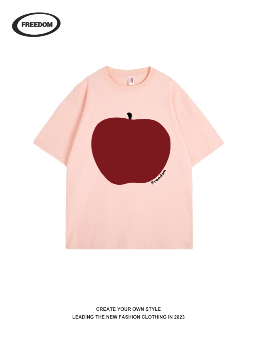 Cream Apple Print Japanese-Style Short Sleeve Women's T-Shirt - 2025 Summer Pure Cotton Lazy Style in Milk Apricot Color