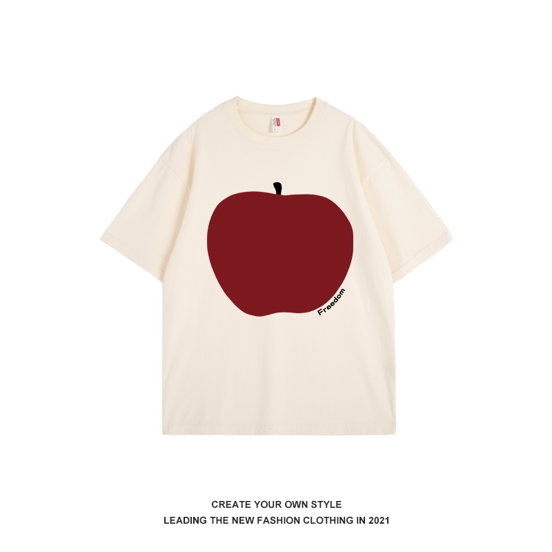Cream Apple Print Japanese-Style Short Sleeve Women's T-Shirt - 2025 Summer Pure Cotton Lazy Style in Milk Apricot Color