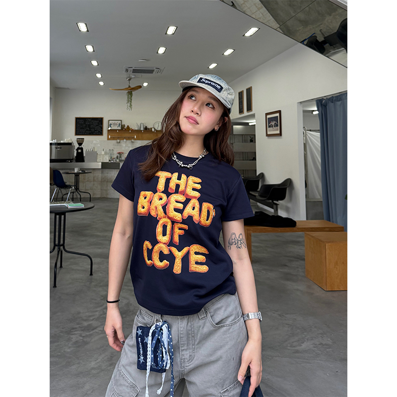 Creative Bread Print Short Sleeve T-Shirt for Women, Slightly Loose Fit, American Style Summer Top, Trendy Casual Wear