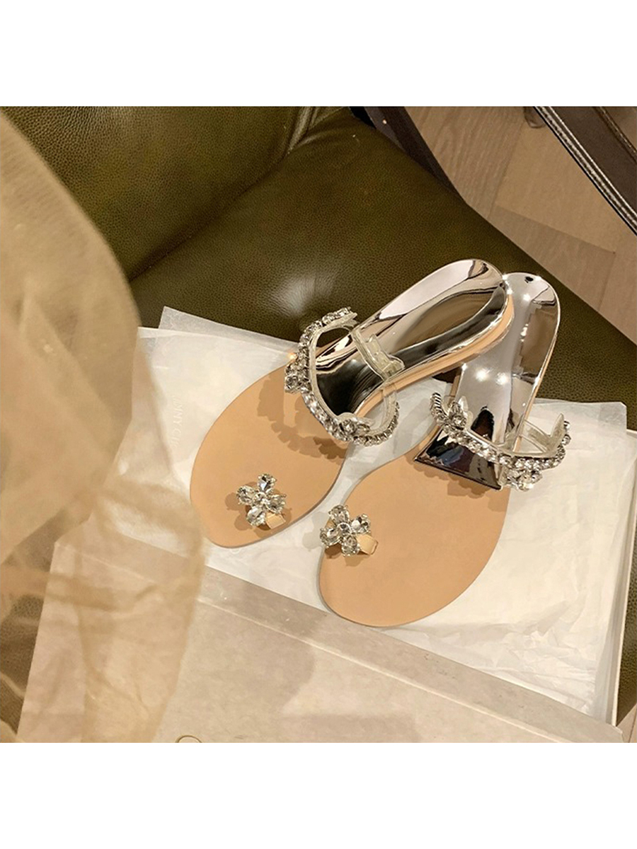 Crystal Flower Buckle Wedge Open-Toe Flat Slippers for Women, Summer Fairy Style, Perfect for Skirts and Outdoor Wear