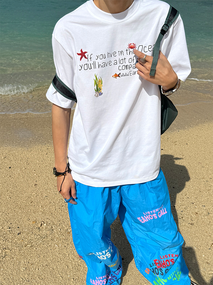 Custom Summer Undersea Animal Minimalist Letter Round Neck T-Shirt for Men and Women - Loose Casual Style, Perfect for 90s and Y2K Fashion
