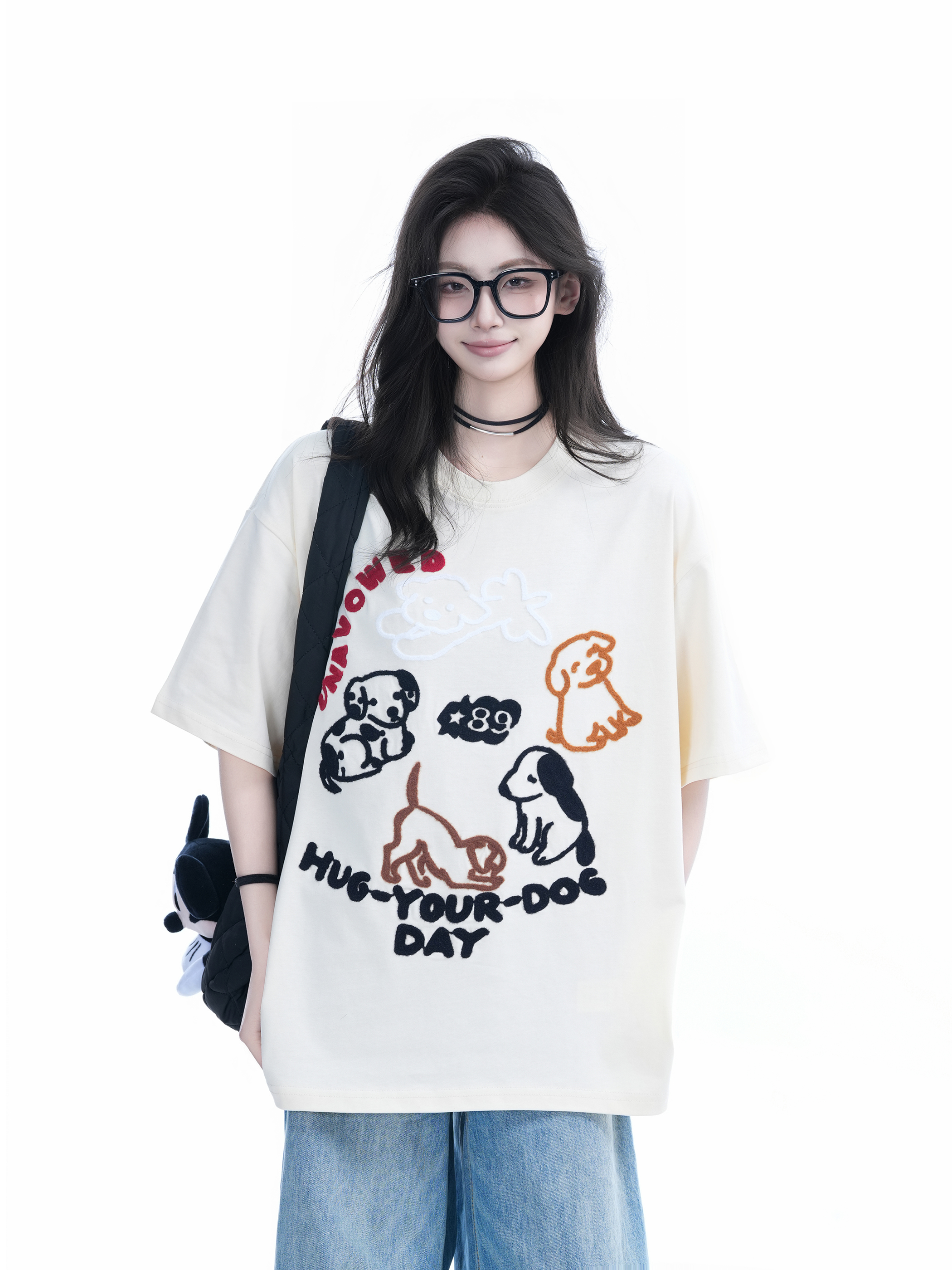 Cute Cartoon Dog Embroidered Short-Sleeve T-Shirt for Women - Summer Loose Pure Cotton Tee, Trendy 90s Style
