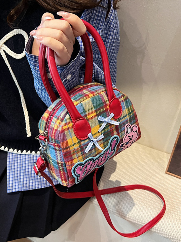 Cute Cartoon Plaid Handbag for Women - Fashionable Spring/Summer Small Crossbody Shoulder Bag 2025