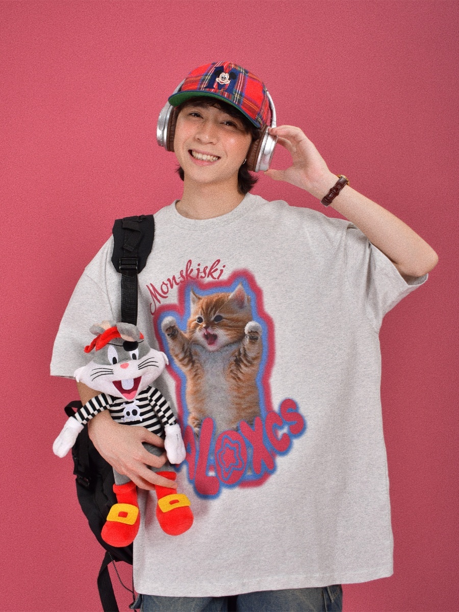 Cute Cat Print Oversized Short Sleeve T-Shirt for Summer - Casual Couple Top, Trendy Loose Fit, Perfect for 90s and Y2K Styles