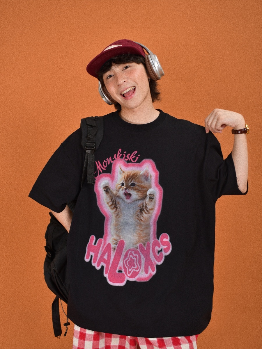 Cute Cat Print Oversized Short Sleeve T-Shirt for Summer - Casual Couple Top, Trendy Loose Fit, Perfect for 90s and Y2K Styles