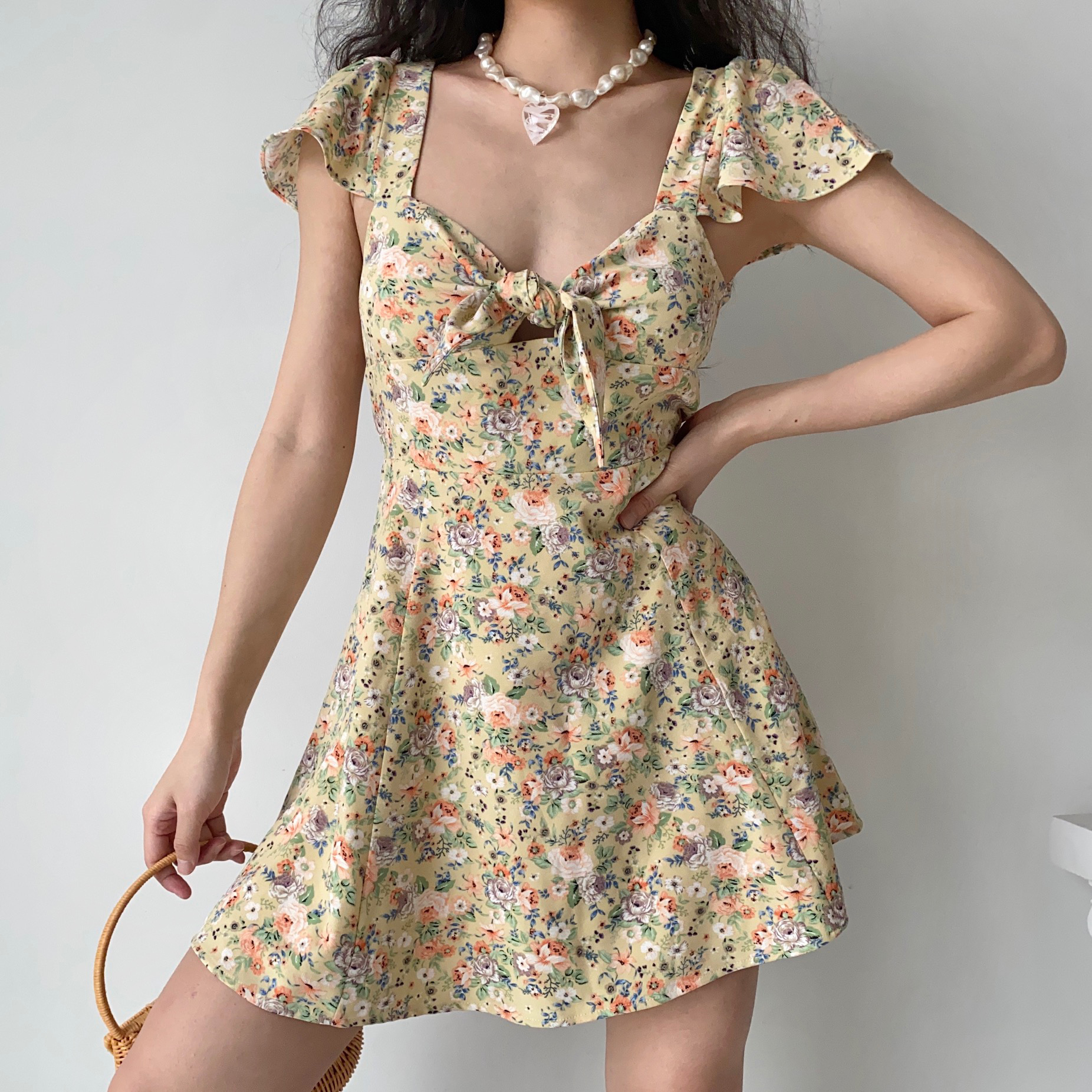 Cute Floral Front Tie Flutter Sleeve Dress - Pastoral Style Women's Summer A-Line Short Skirt, Perfect for 90s and Y2K Fashion