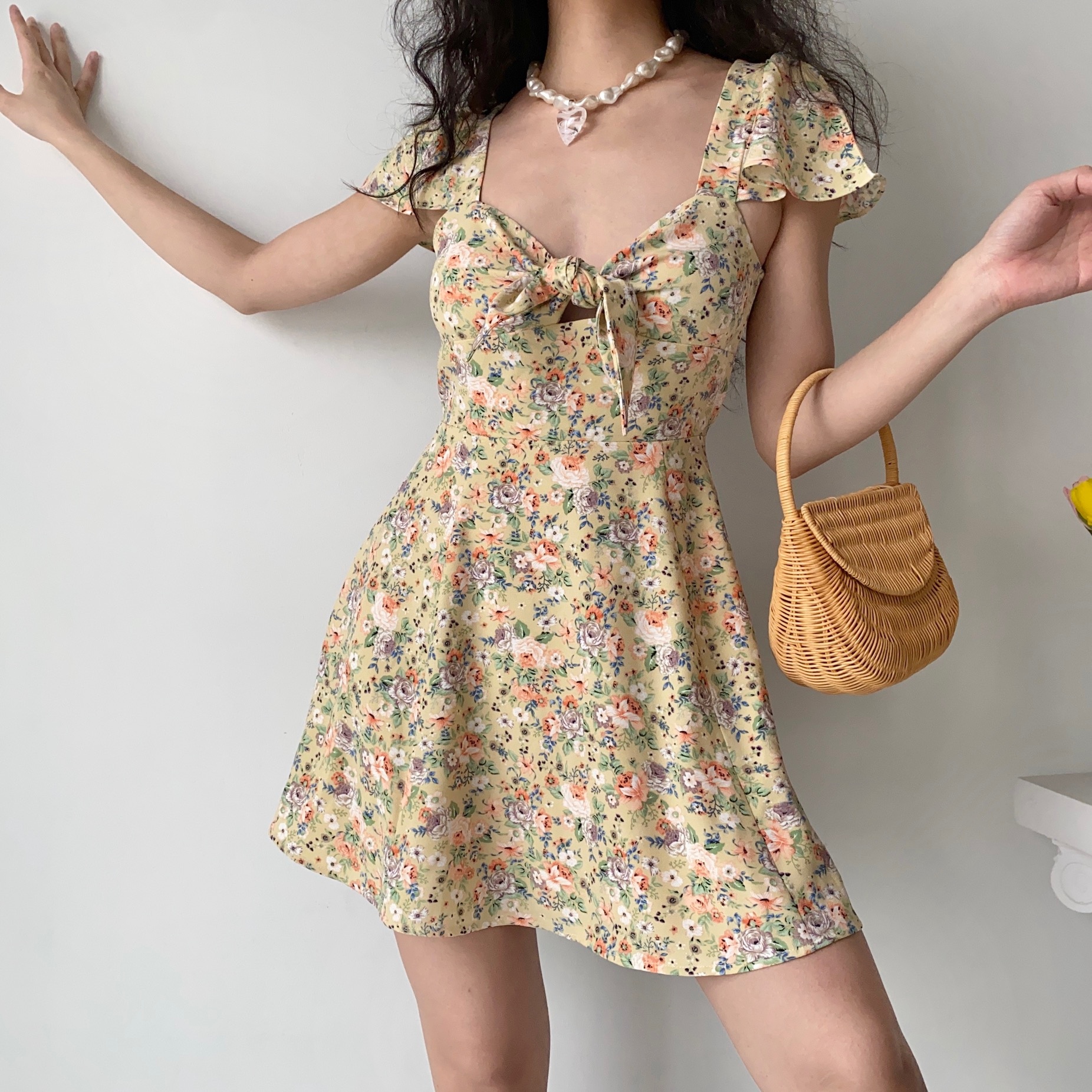 Cute Floral Front Tie Flutter Sleeve Dress - Pastoral Style Women's Summer A-Line Short Skirt, Perfect for 90s and Y2K Fashion