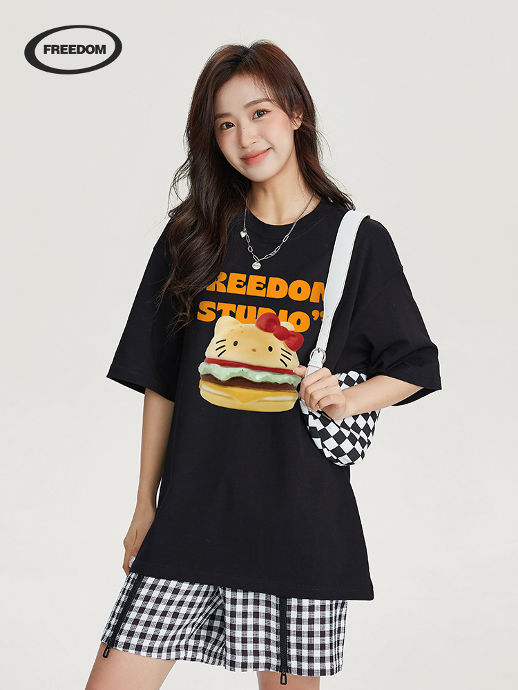 Cute Hamburger Hello Kitty Print Short Sleeve T-Shirt for Women - Japanese Harajuku Style, Summer Casual Versatile Top
