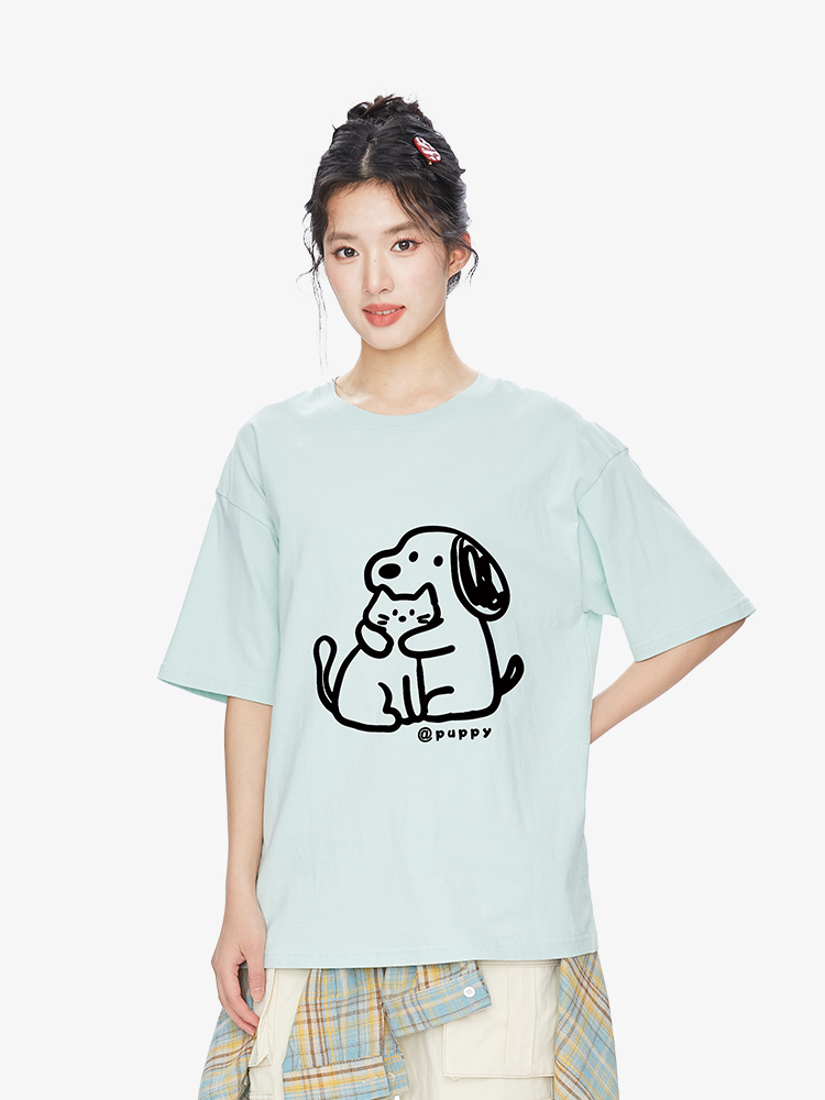 Cute Hand-Drawn Cat and Dog Print Short Sleeve Women's T-Shirt - Summer 2025 Trendy Pure Cotton Top, Casual Y2K Style