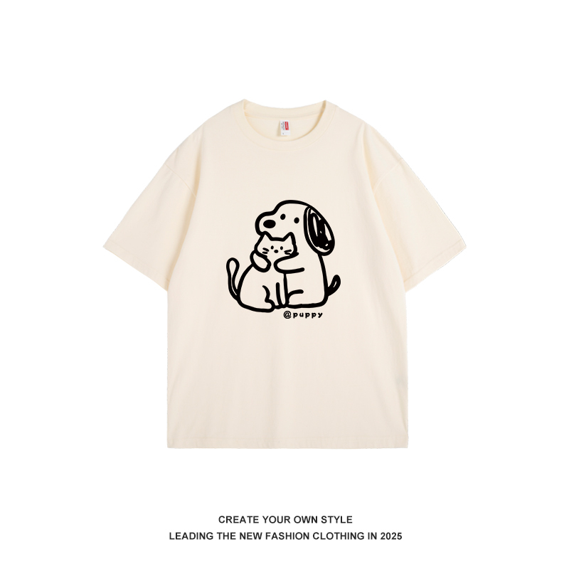 Cute Hand-Drawn Cat and Dog Print Short Sleeve Women's T-Shirt - Summer 2025 Trendy Pure Cotton Top, Casual Y2K Style