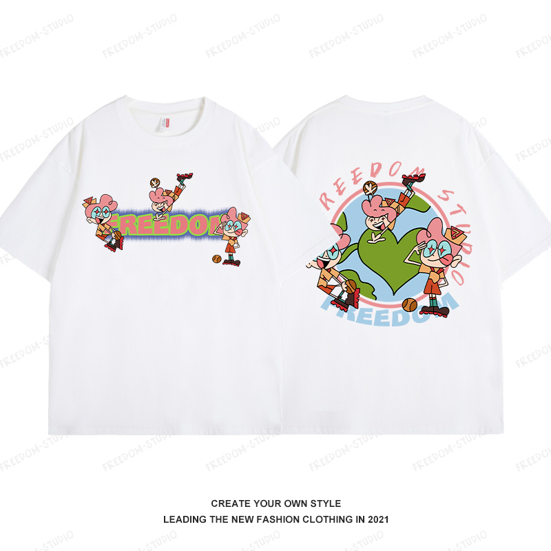 Cute Navy Blue Character Print Short Sleeve T-Shirt for Women - 2025 Summer Couple Outfit, Casual Pure Cotton Top