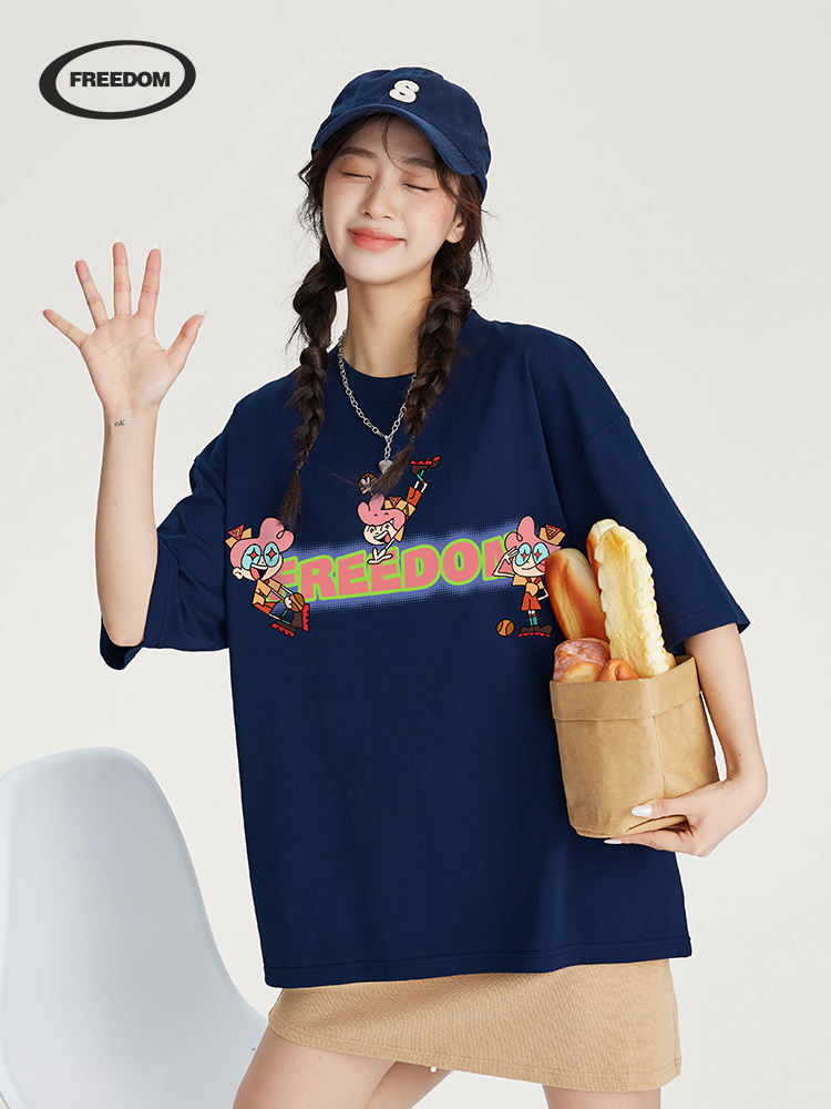 Cute Navy Blue Character Print Short Sleeve T-Shirt for Women - 2025 Summer Couple Outfit, Casual Pure Cotton Top