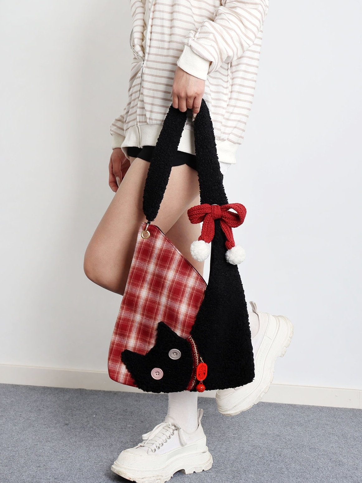 Cute Plush Cat Tote Bag - Red Series New Year Birthstone Lucky Shoulder Crossbody Bag for Y2K and Korean Style Fashion