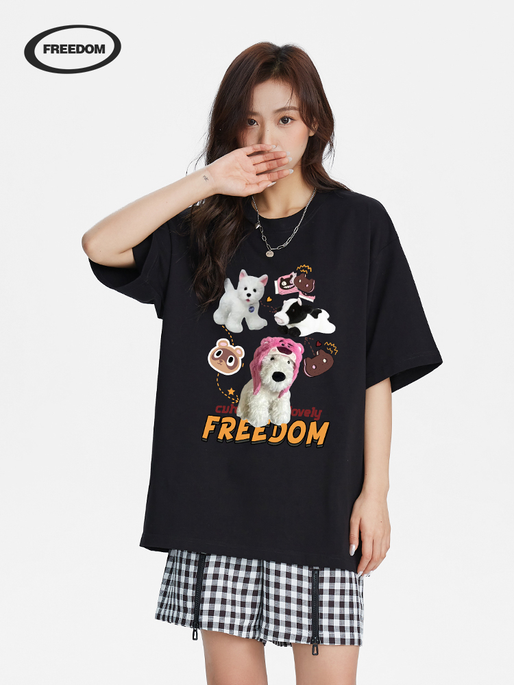 Cute Puppy Doll Print Pure Cotton Short Sleeve T-Shirt for Women - Summer Trendy Petite Couple Style, Y2K Fashion Top