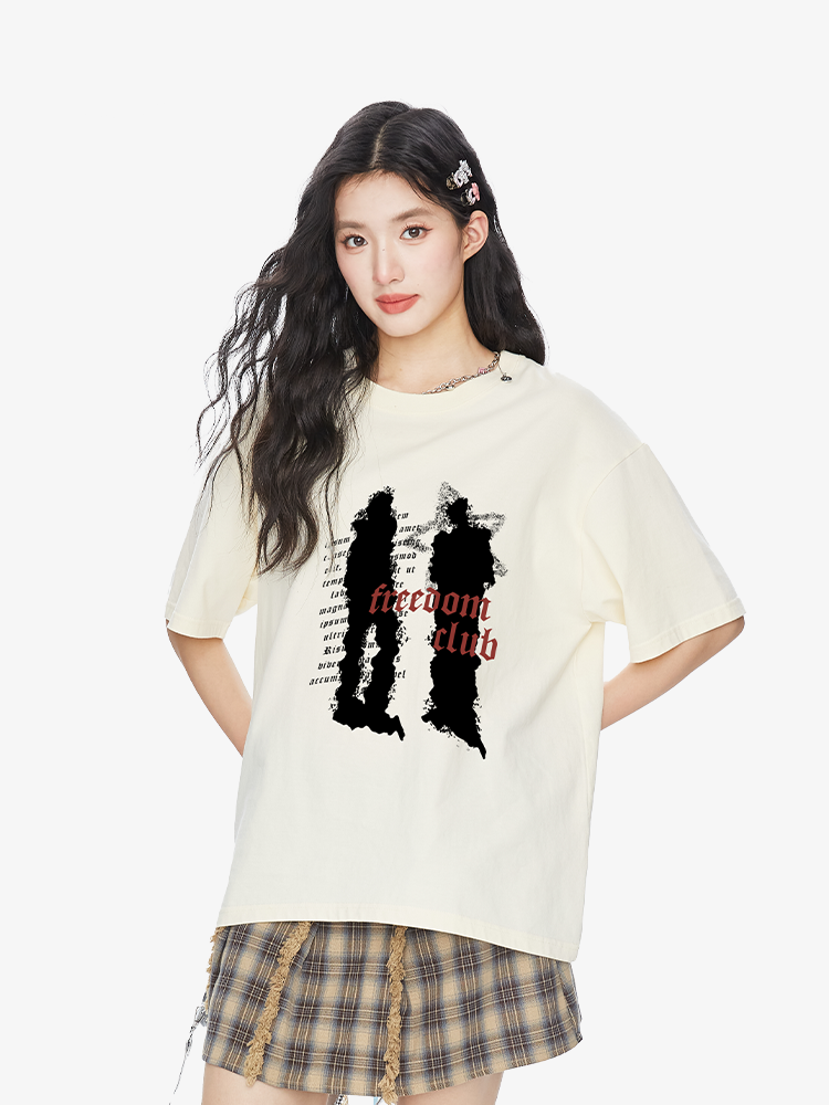 Dark Black Shadow Print T-Shirt for Women - Vintage American Style, Trendy Summer Streetwear, Loose Fit Pure Cotton, Short Sleeve