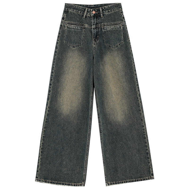 Dark Blue Wide-Leg Jeans for Women - Loose Straight Fit, Floor-Length, Spring/Summer 2025 Fashion, Casual Y2K Style