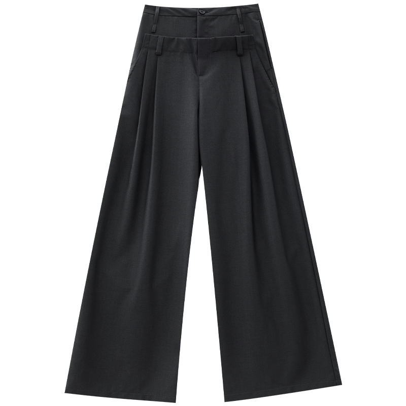 Dark Gray Double-Waist Suit Pants for Women - Pleated Wide-Leg Casual Trousers, Trendy Fashion Editor Style, Chic Office Wear