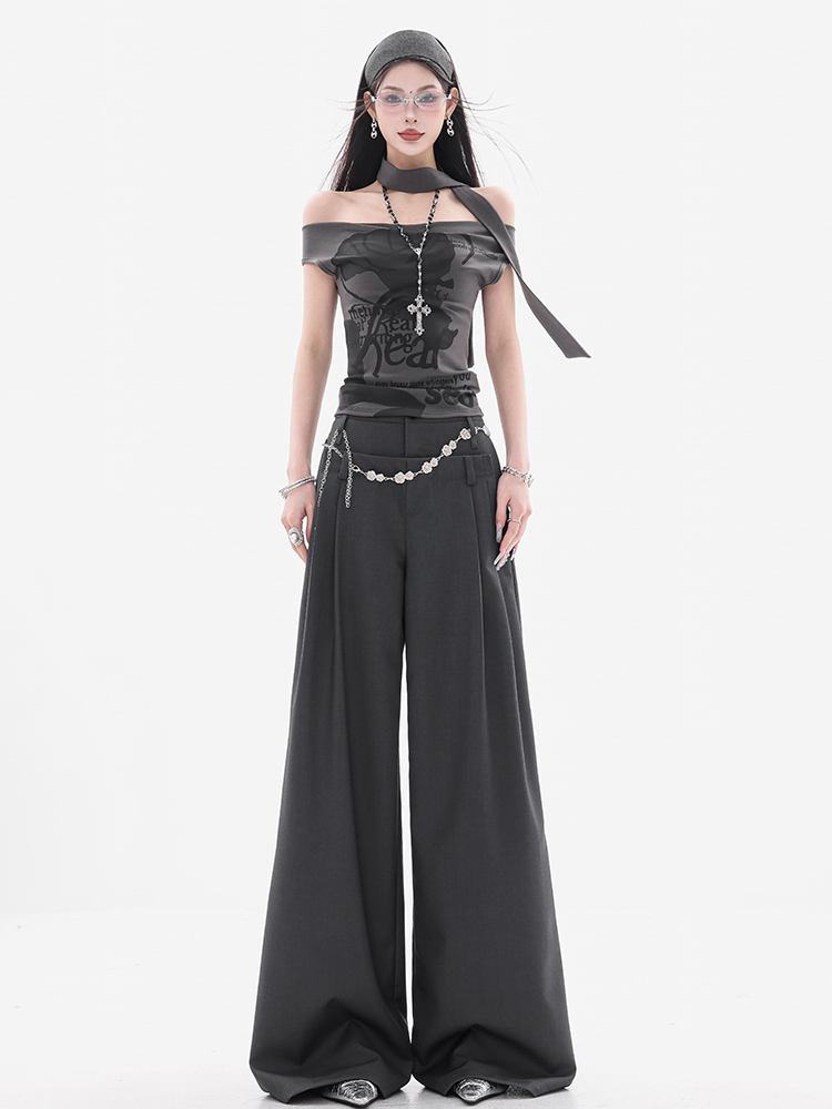 Dark Gray Double-Waist Suit Pants for Women - Pleated Wide-Leg Casual Trousers, Trendy Fashion Editor Style, Chic Office Wear
