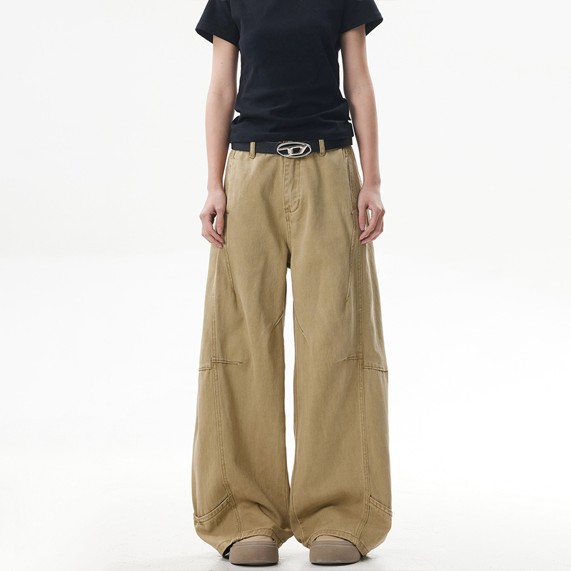 Deconstructed Vintage Work Pants for Men and Women - Retro Patchwork Khaki Curved Knife Design, American Style Fashion