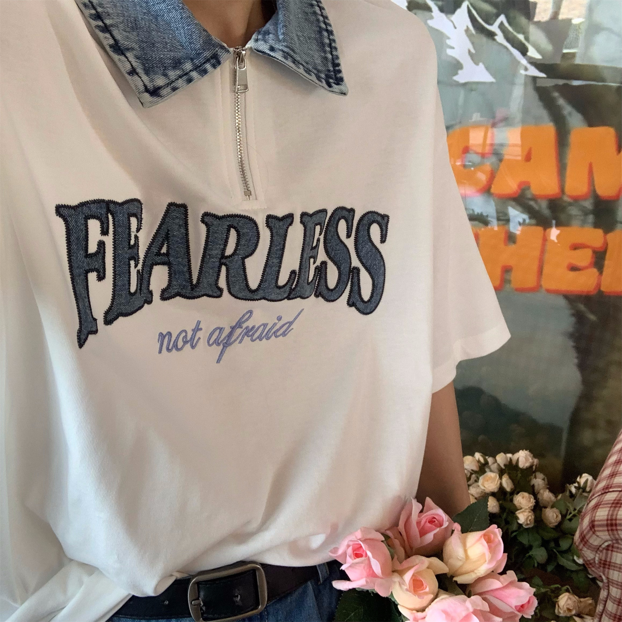 Denim Spliced Japanese Retro Short Sleeve Polo Shirt - Loose Fit Summer T-Shirt in Hong Kong Style, Perfect for 90s and Y2K Fashion