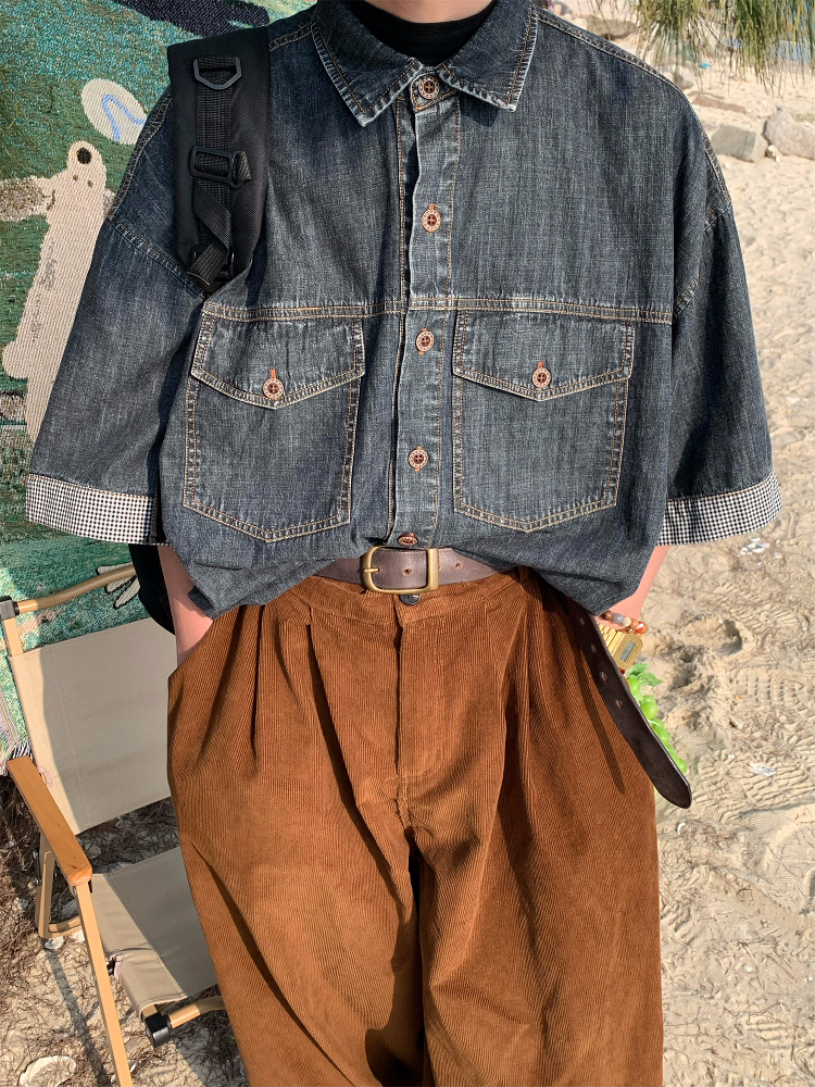 Distressed Denim Short Sleeve Shirt for Men and Women - Vintage Washed Loose Summer Top - Trendy 90s Style