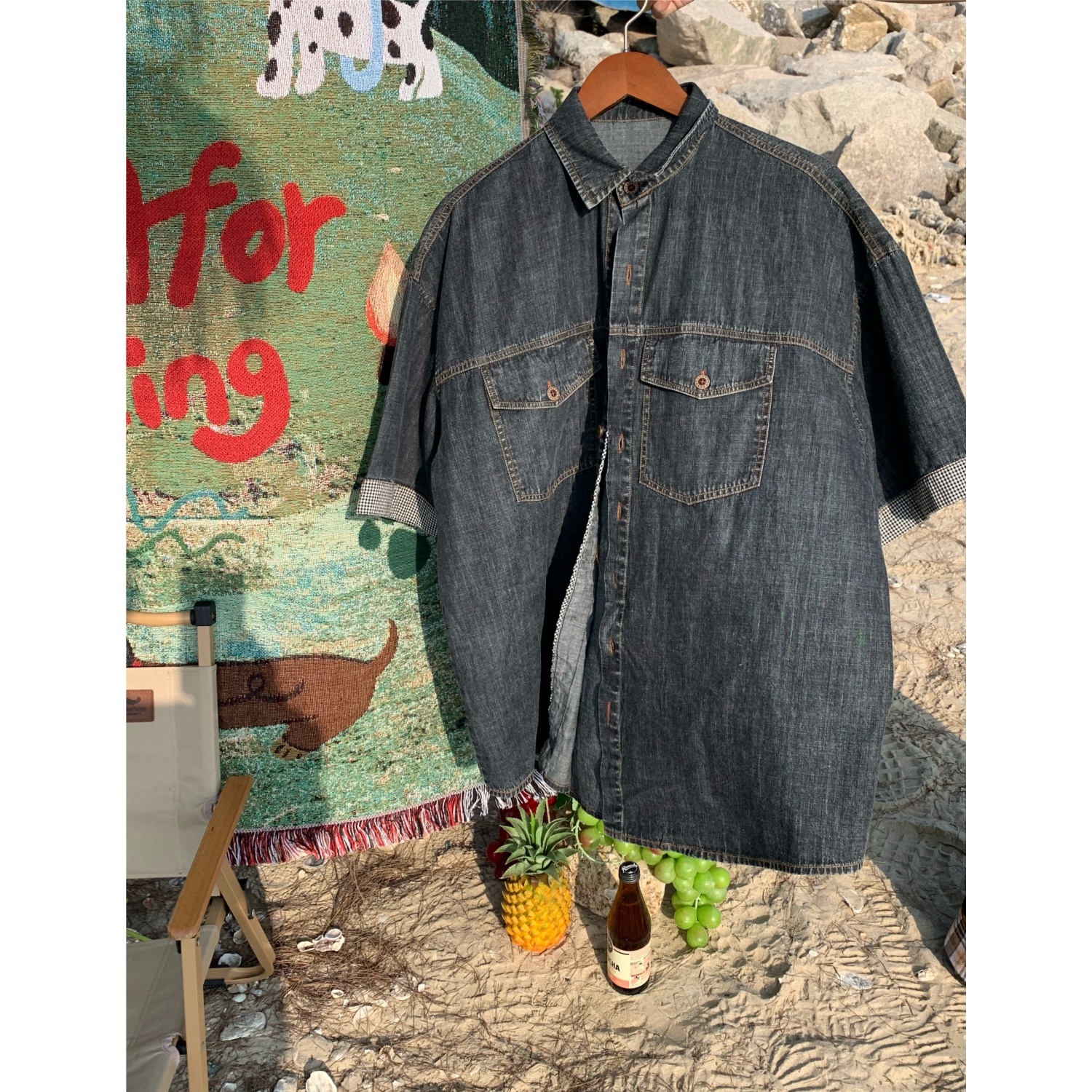 Distressed Denim Short Sleeve Shirt for Men and Women - Vintage Washed Loose Summer Top - Trendy 90s Style