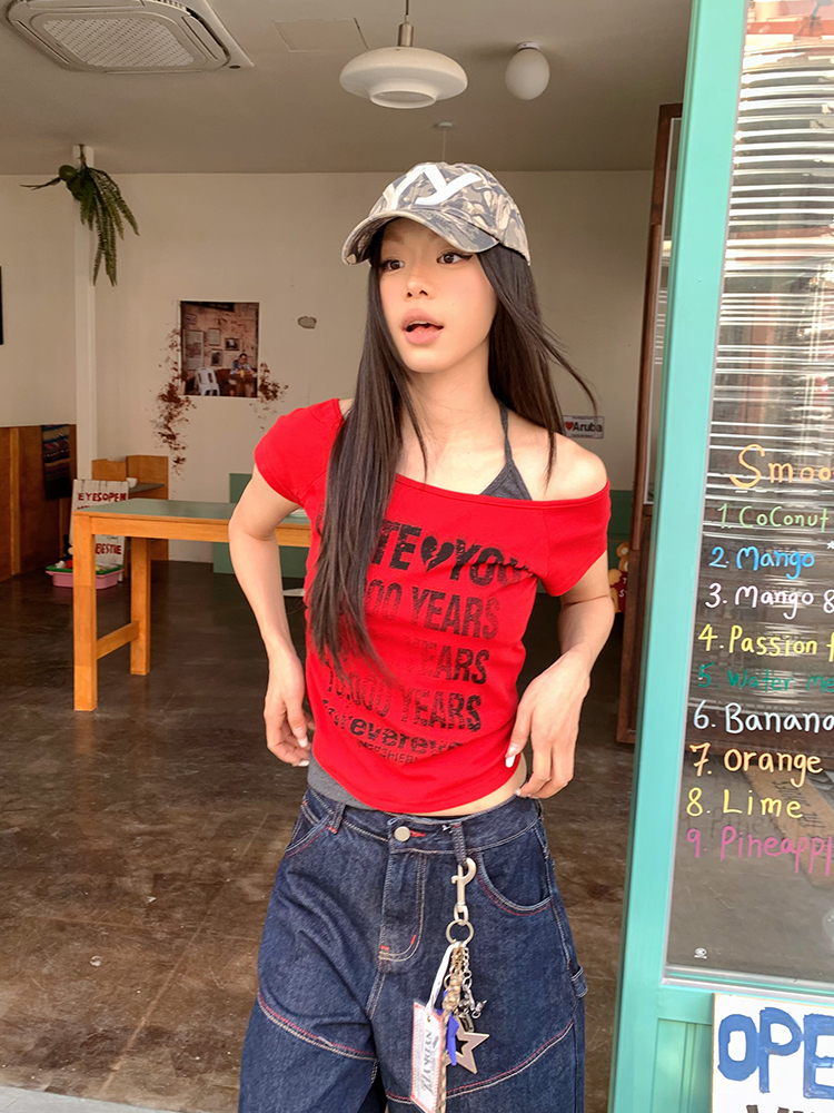 Distressed Letter Off-Shoulder Halter Two-Piece Summer T-Shirt - Slim Fit Women's Short Sleeve Top - 90s Inspired Fashion