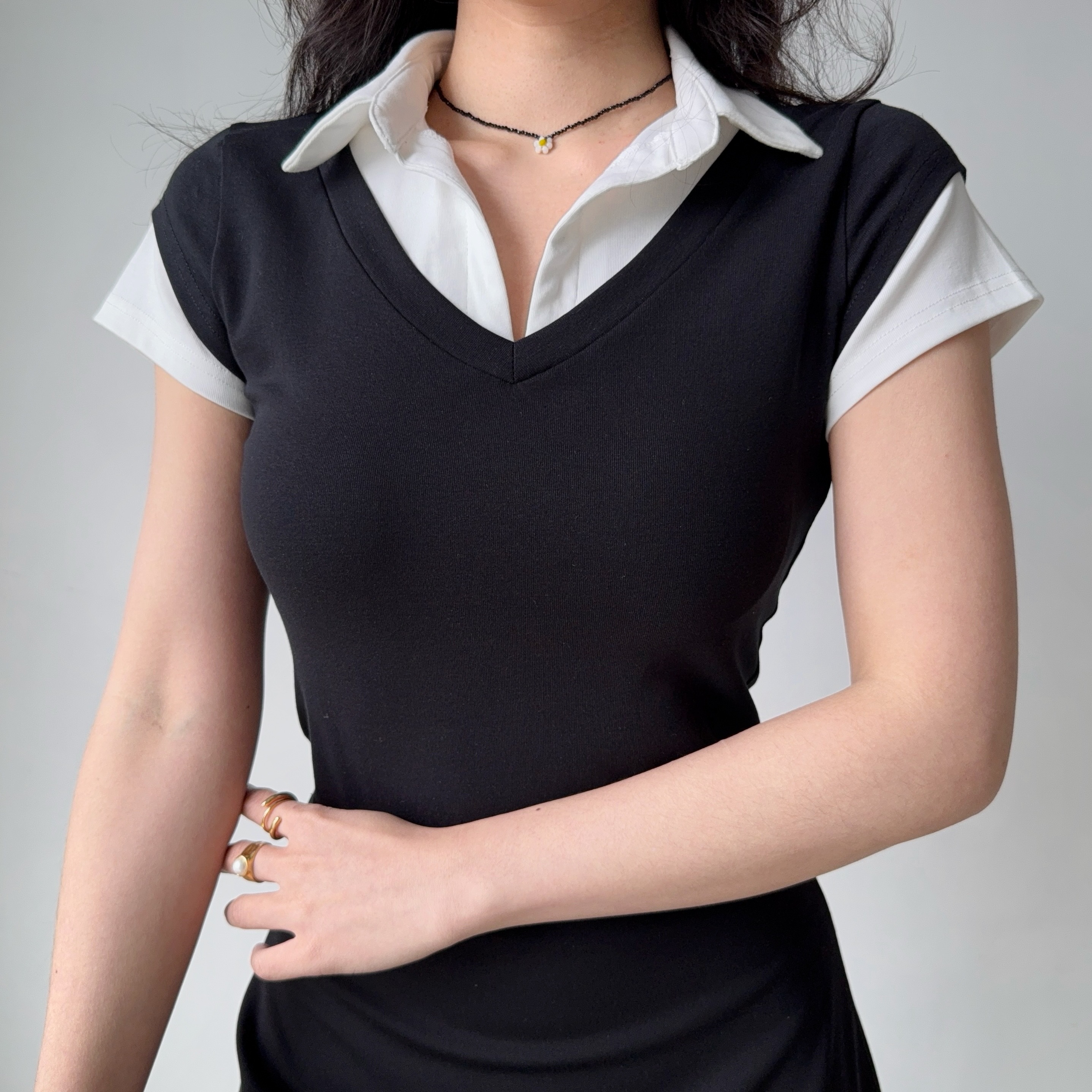 DIY American Retro Design Fake Two-Piece Lapel Short Sleeve T-Shirt for Women - Slim Fit Vintage Inspired Top