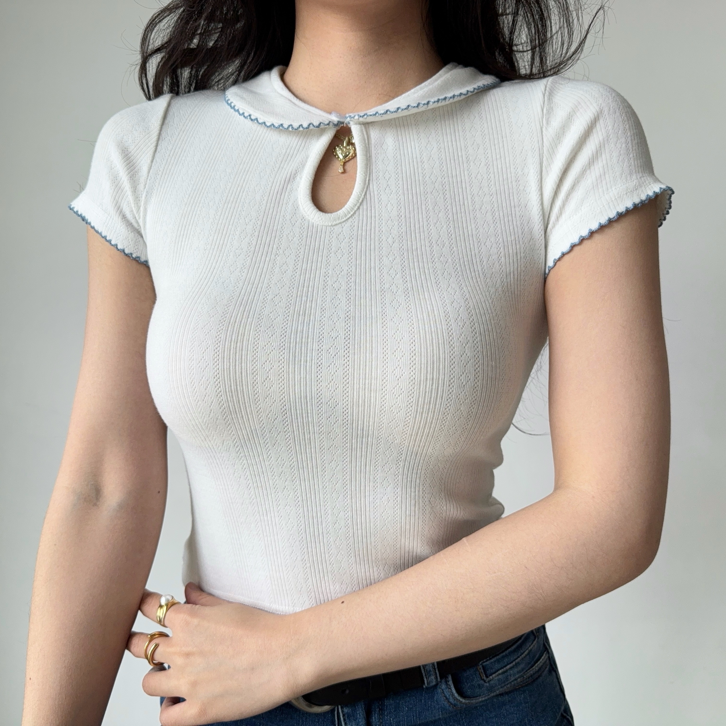 DIY American Vintage Doll Collar White Short Sleeve T-Shirt for Women - Summer Slim Fit Y2K Style Top